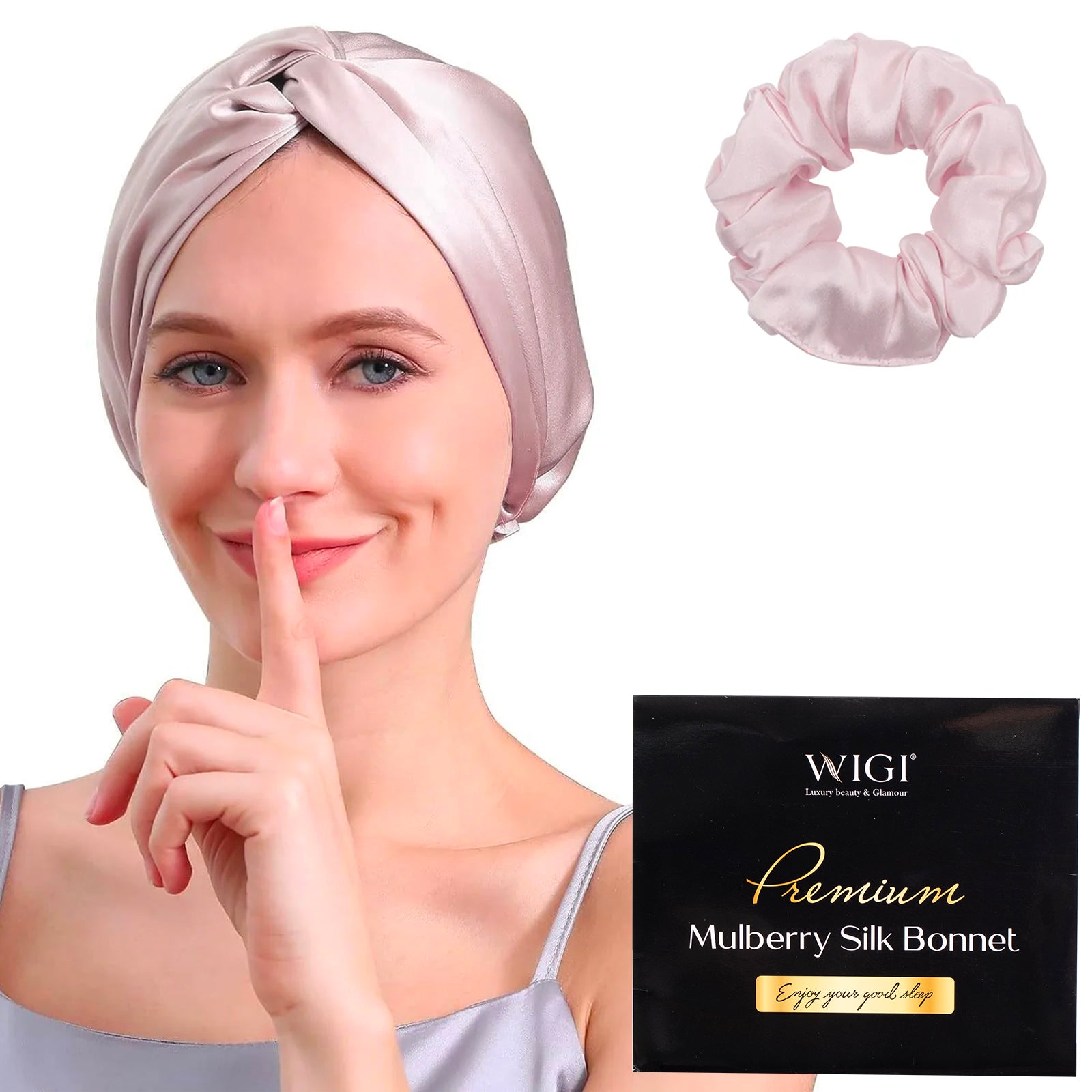 WIGI Premium Mulberry Silk Sleeping Bonnet - Bow Style & Rose Pink