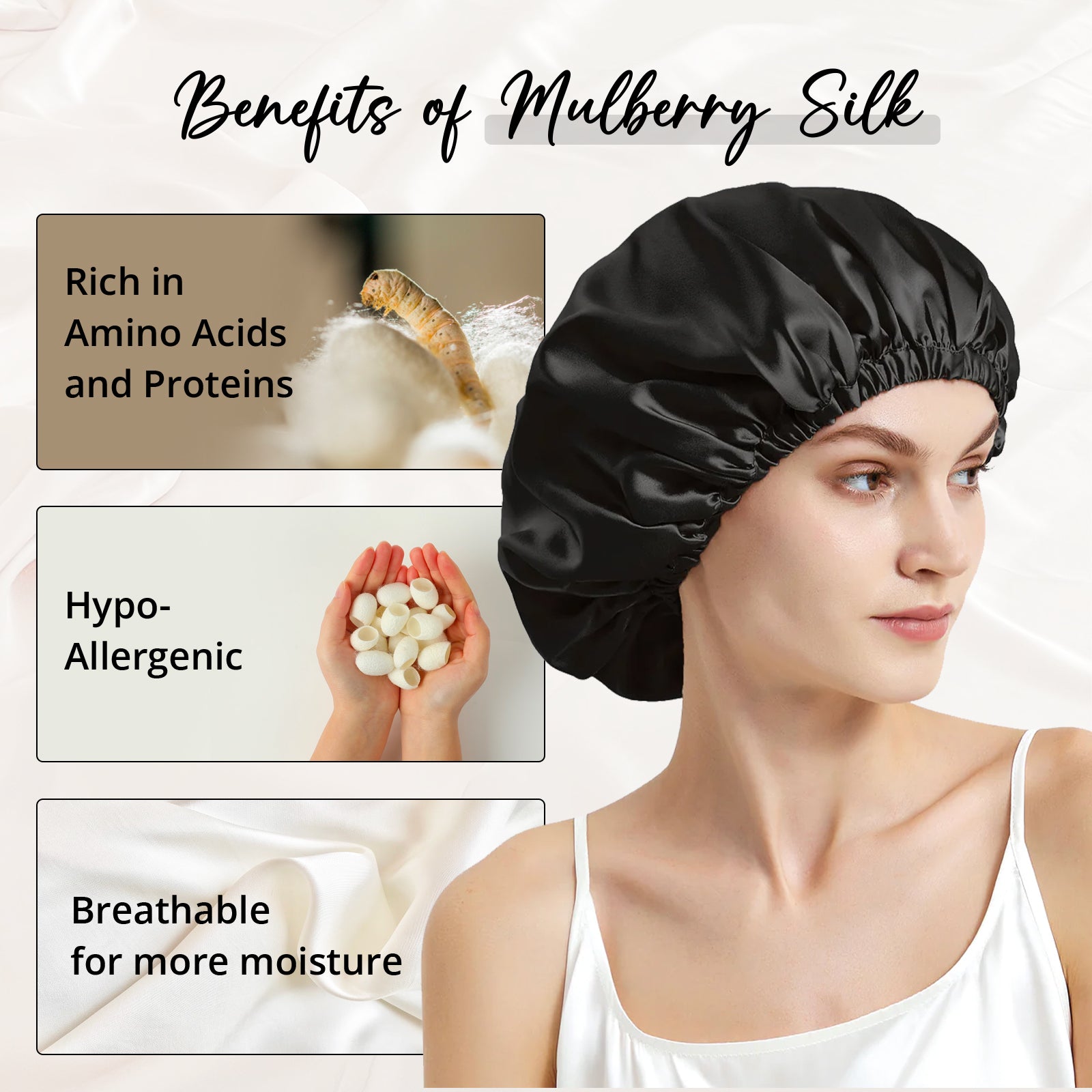 WIGI Premium Mulberry Silk Sleeping Bonnet - Round Style & Black