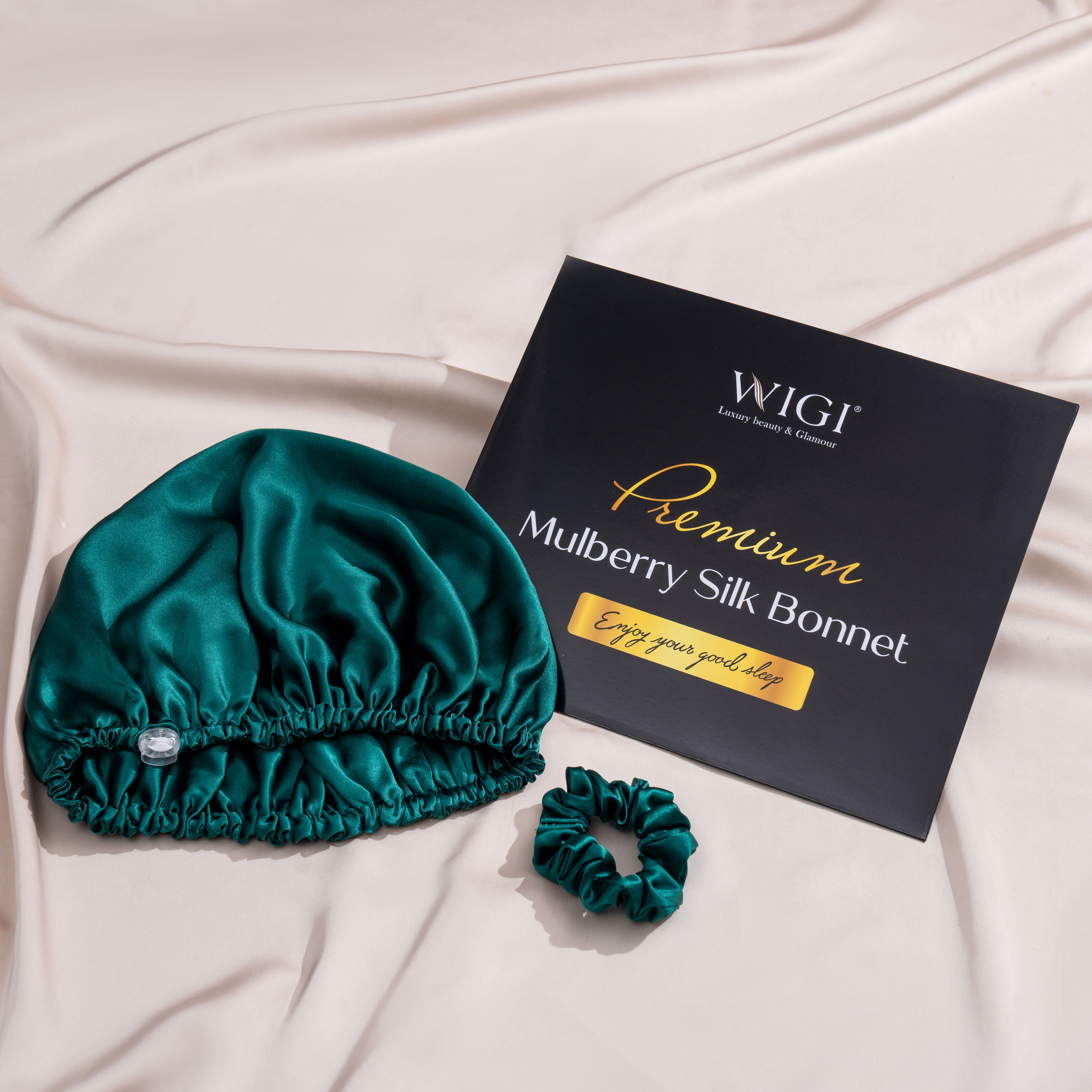 WIGI Premium Mulberry Silk Sleeping Bonnet - Round Style & Dark Green
