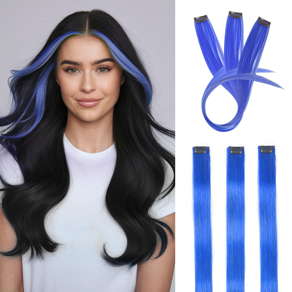 Blue Straight Highlight Clip In Real Human Hair Extensions - WIGI ...
