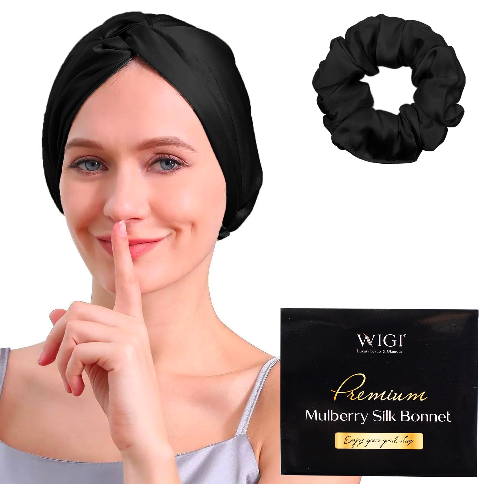 WIGI Premium Mulberry Silk Sleeping Bonnet - Bow Style & Black