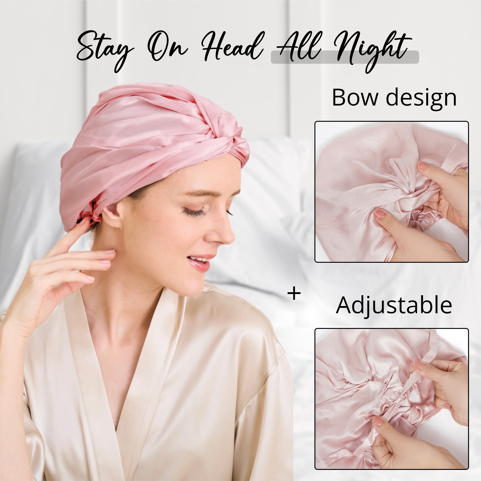 WIGI Premium Mulberry Silk Sleeping Bonnet - Bow Style & Rose Pink