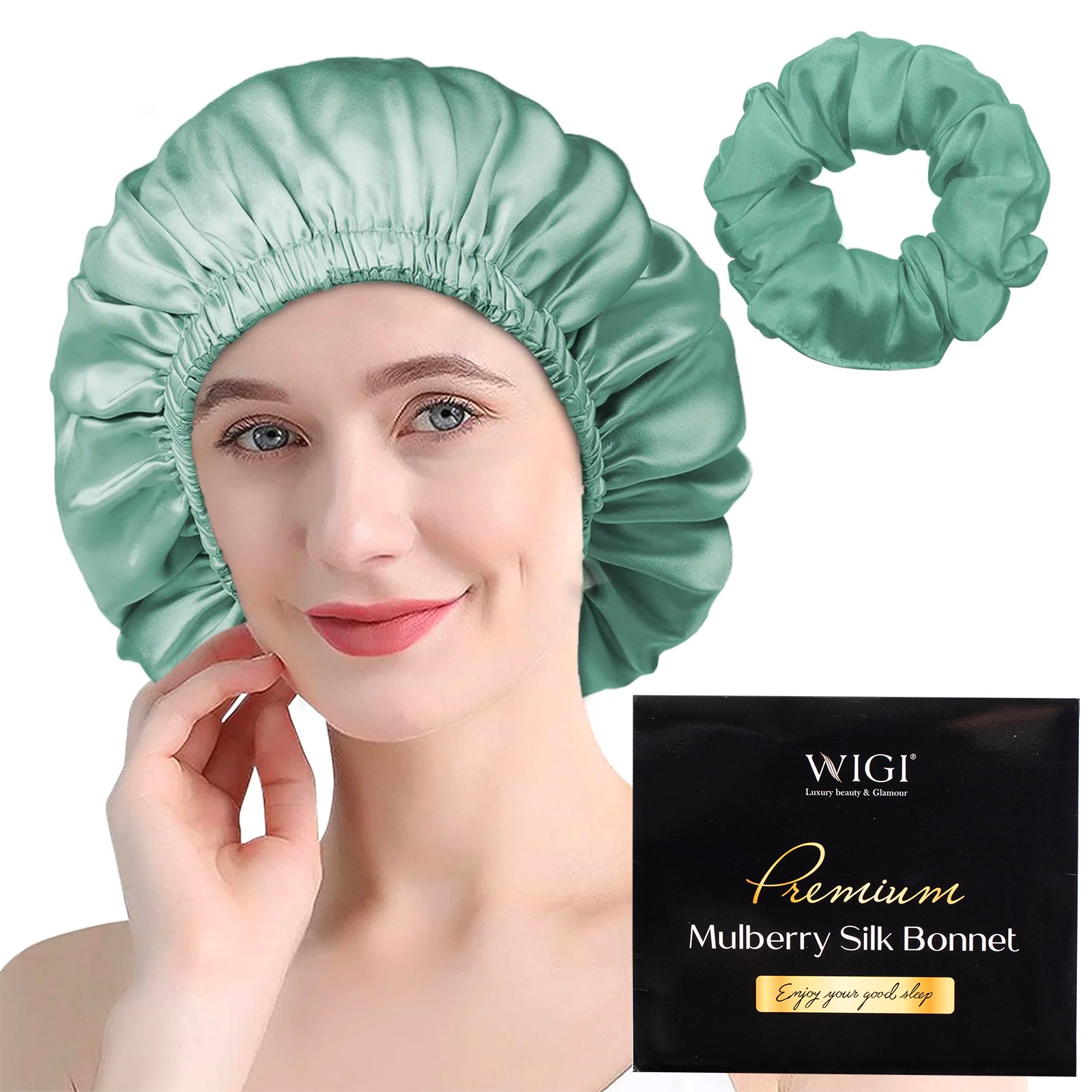 WIGI Premium Mulberry Silk Sleeping Bonnet - Round Style & Mint Green