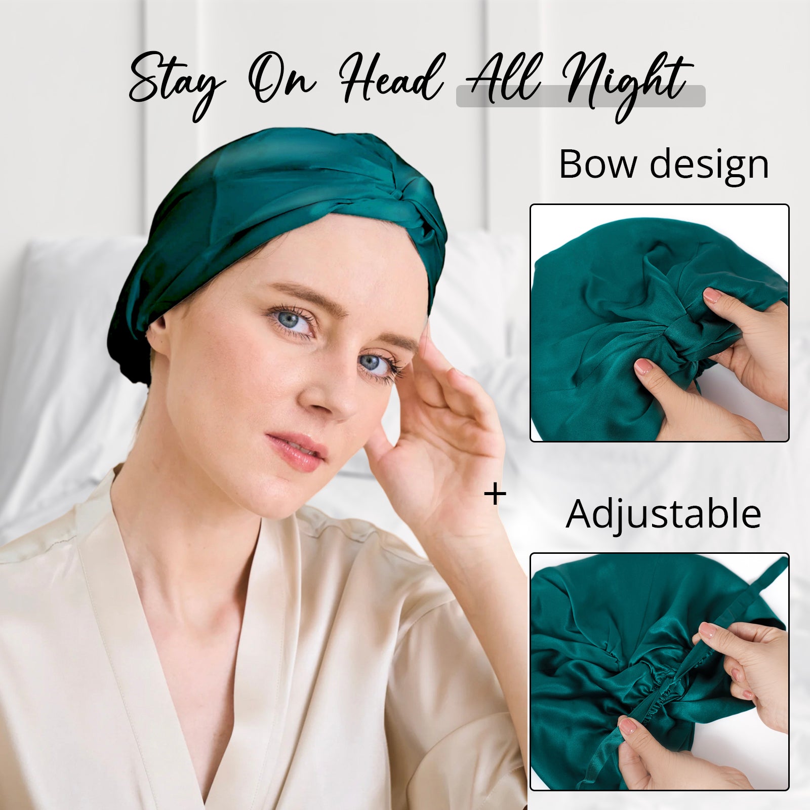 WIGI Premium Mulberry Silk Sleeping Bonnet - Bow Style & Dark Green